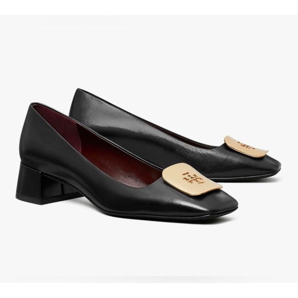 Tory Burch Shoes - Tory Burch Eleanor Pump Women 6.5M Black Excellent Gold Logo Block Heel Leather